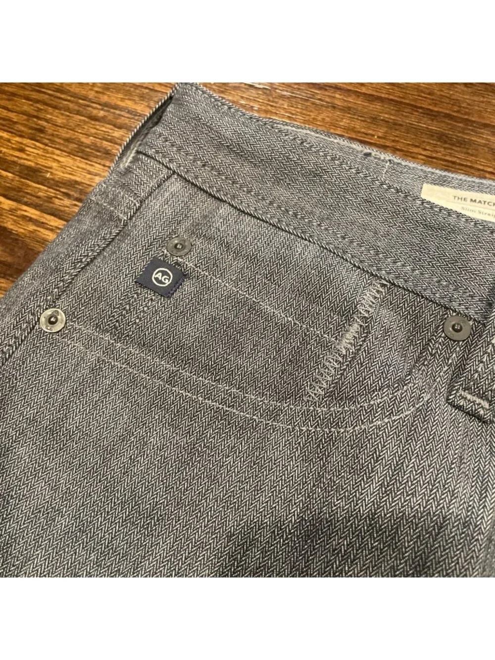 AG Matchbox Slim Straight Pant 32x34.5 Navy Gray Herringbone Office Work Stretch